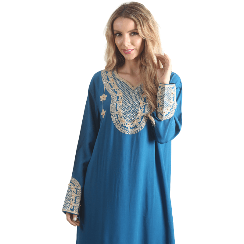 Caftan à manches longues en rayonne bleu pour femme