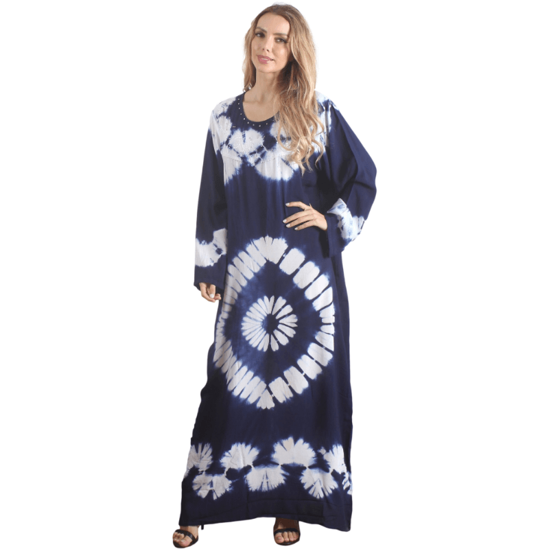 Caftan à manches longues imprimé en rayonne bleu pour femme