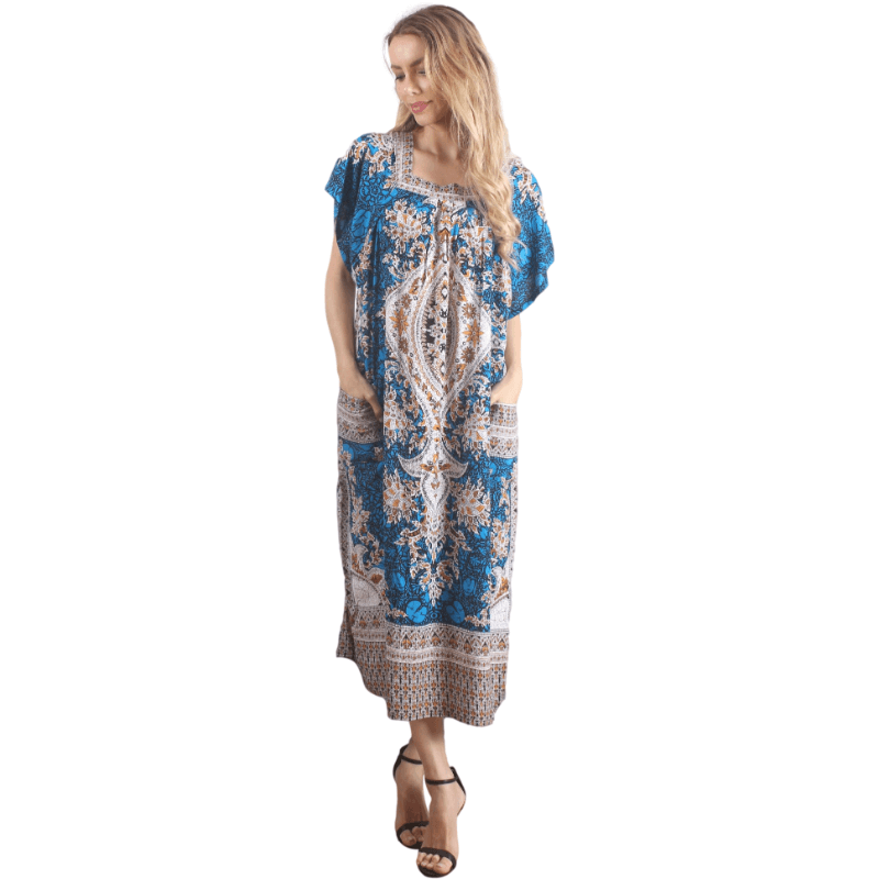 Caftan décontracté à imprimé vintage bleu