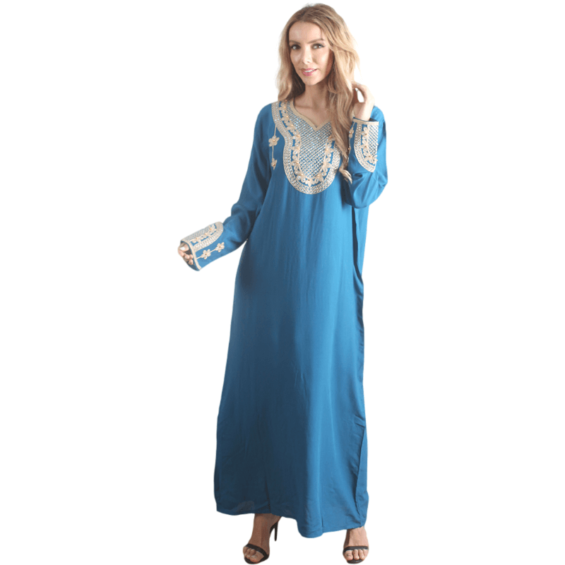 Caftan à manches longues en rayonne bleu pour femme