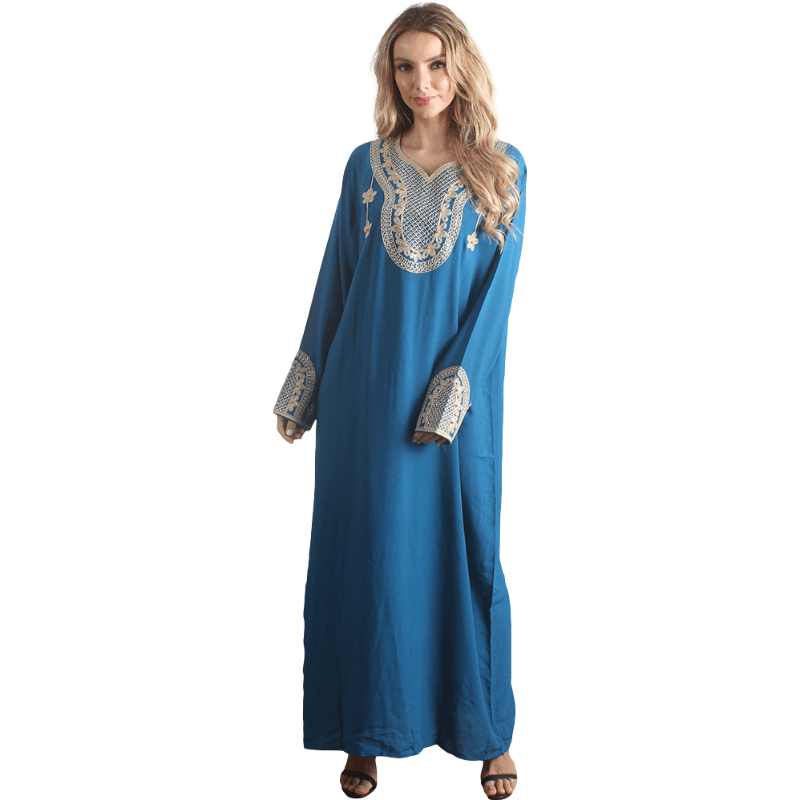 Caftan à manches longues en rayonne bleu pour femme