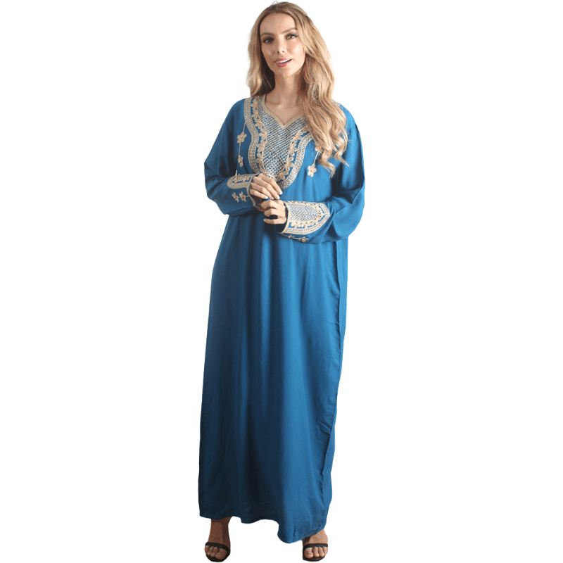 Caftan à manches longues en rayonne bleu pour femme